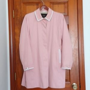 Vintage Pink Coach Trench Coat with White Leather Trim and Logo Lining